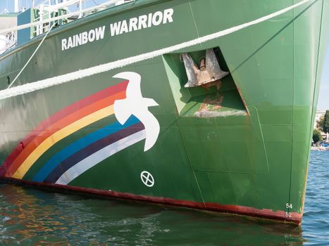 PULA, CROATIA - JULY 23, 2014: Greenpeace's vessel the "Rainbow Warrior III" at the Port of Pula. Greenpeace on Mediterranean visits four Croatian towns: Split, Rijeka, Zadar and Pula.