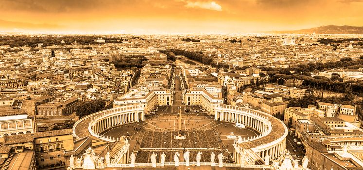 Rome, Italy. Famous Saint Peter's Square in Vatican and aerial view of the city from Papal Basilica of St. Peters dome.