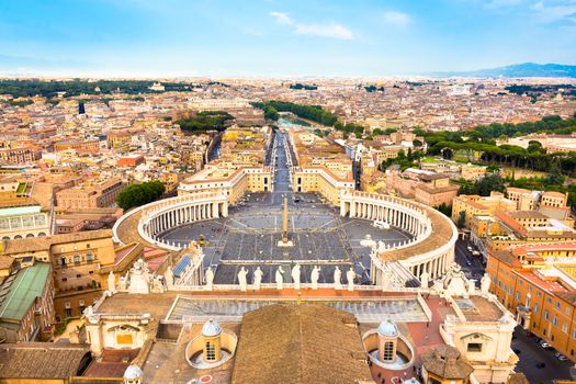 Rome, Italy. Famous Saint Peter's Square in Vatican and aerial view of the city from Papal Basilica of St. Peters dome.