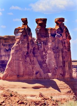 Three Gossips Red Orange Rock Formation Canyon Arches National Park Moab Utah USA Southwest. 