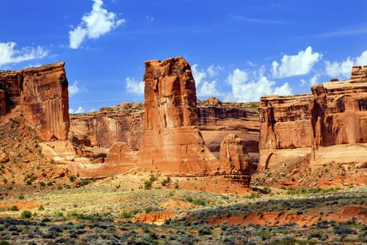 Red Orange Sheep Rock Tower of Babel Formations Canyon Arches National Park Moab Utah USA Southwest. 