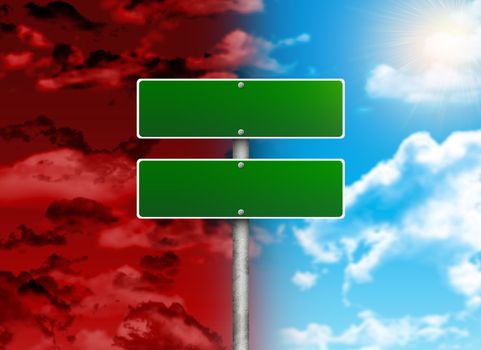 Crossroads road sign. Red and blue sky as backdrop