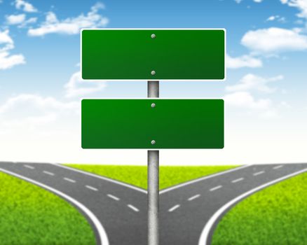 Crossroads road sign. Green grass, fork in the way and sky as backdrop