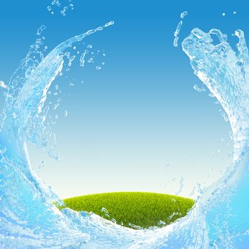 Green meadow and water splash on blue sky background