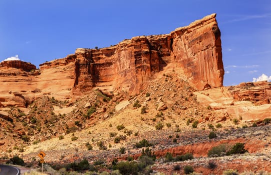 Red Orange Tower of Babel Rock Formation Canyon Arches National Park Moab Utah USA Southwest. 