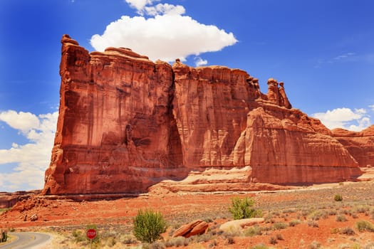 Red Orange Tower of Babel Rock Formation Canyon Arches National Park Moab Utah USA Southwest. 