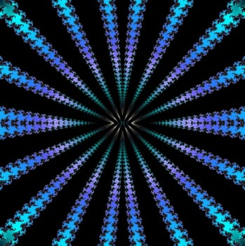 Digital computer graphic - rendering. Patterned fractal background with blue stripes for design.