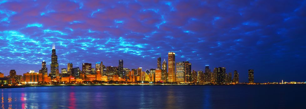 Chicago downtown cityscape panorama at sunset