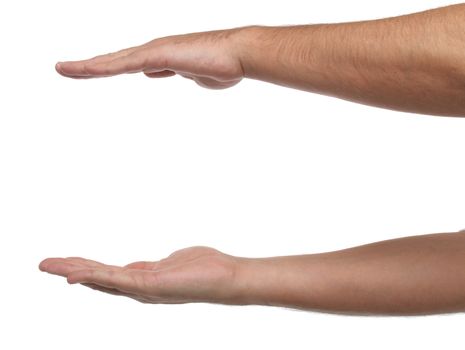 Two male hands with space to put something. Isolated