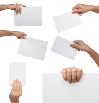 Collection of hand holding blank paper isolated on white background