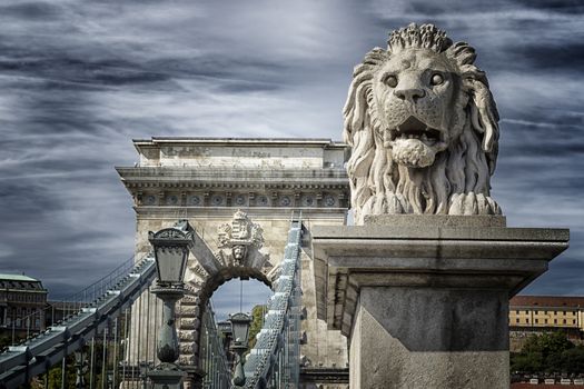 A  view of the Lion and the Chain Bridge on the Danube river in Budapest in Hungary.