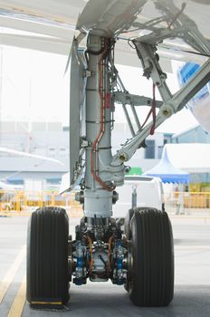 Rear landing gear of Boeing 787 wide-body airplane