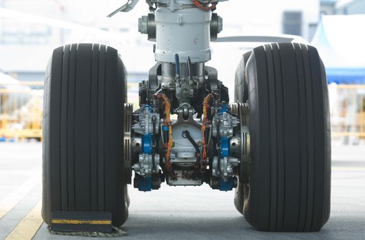 Rear landing gear of Boeing 787 wide-body airplane