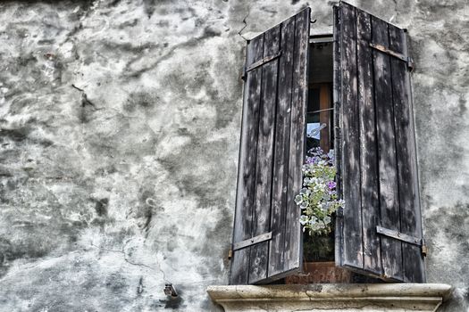 Old windows with wood closing and flowers