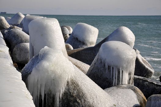 The pier in varna is often coated with ice in winter 