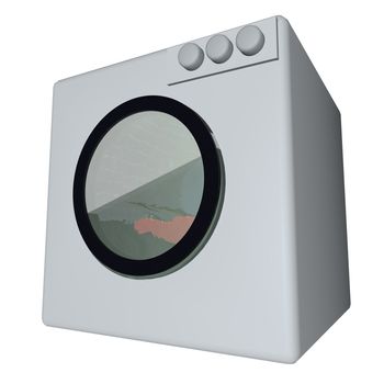 Washing machine with laundry rotating inside isolated over white, 3d render