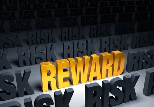 A shining, gold "REWARD" stands out in a dark field of gray "RISK"s