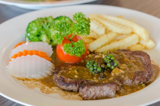 close up beef steak with green peppercorn sauce