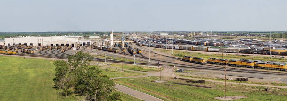 NORTH PLATTE, NEBRASKA, JULY 14, 2014: Panoramic view of Union Pacific's Bailey rail yard from Golden Spike Tower. It' is where east meets west on the Union Pacific line. The world's largest train yard is handling 10,000 cars each day.