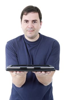 young casual man offering a tablet, isolated
