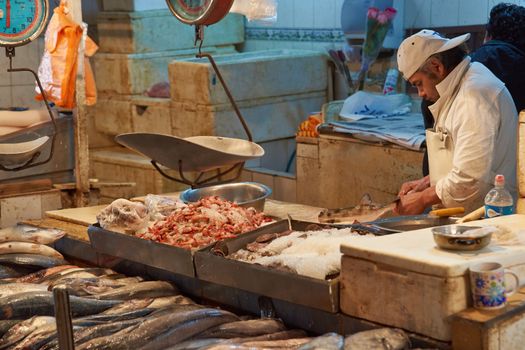 Fresh seafood for sale in the historic main fish market in the centre of Santiago, capital of Chile