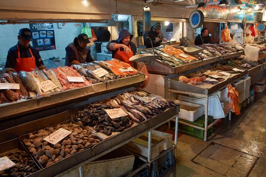 Fresh seafood for sale in the historic main fish market in the centre of Santiago, capital of Chile