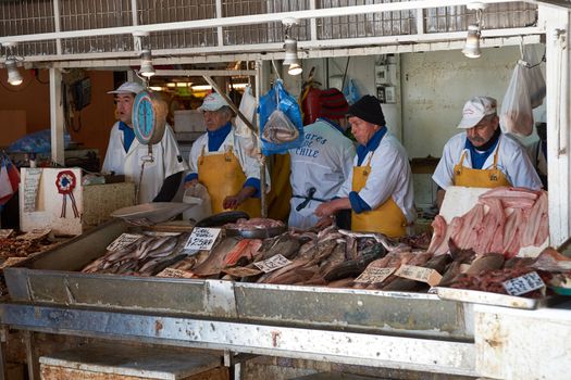 Fresh seafood for sale in the historic main fish market in the centre of Santiago, capital of Chile