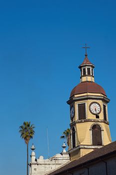 Tower of the historic Iglesia y Convento Recoleta Franciscana in Santiago, Capital of Chile