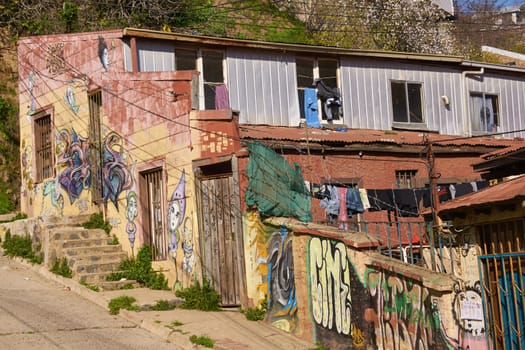 Colourful urban art decorating buildings in the world heritage city of Valparaiso in Chile