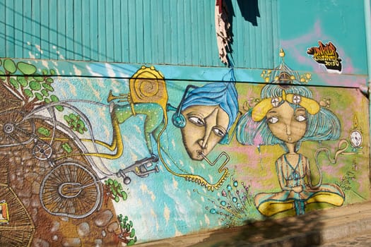 Colourful urban art decorating a street in the world heritage city of Valparaiso in Chile