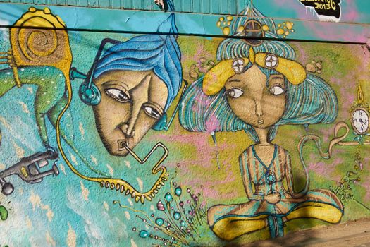 Colourful urban art decorating a street in the world heritage city of Valparaiso in Chile