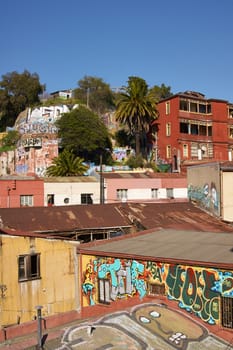 Colourful urban art decorating buildings in the world heritage city of Valparaiso in Chile