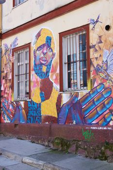 Colourful urban art decorating a street in the world heritage city of Valparaiso in Chile