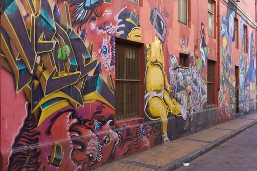 Colourful urban art decorating a street in the world heritage city of Valparaiso in Chile