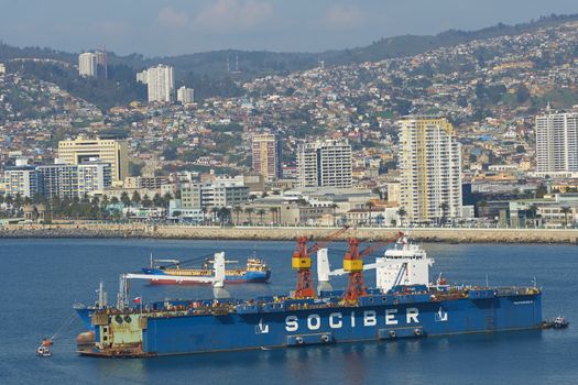 Floating dock in the busy port of Valparaiso on the Pacific coast of Chile in South America
