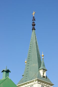 Green tower of the historic Iglesia Luterana in the world heritage city of Valparaiso in Chile