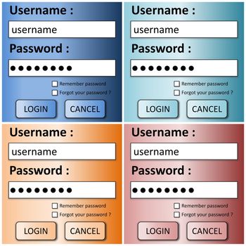 Set of four colorful user login form with password and buttons