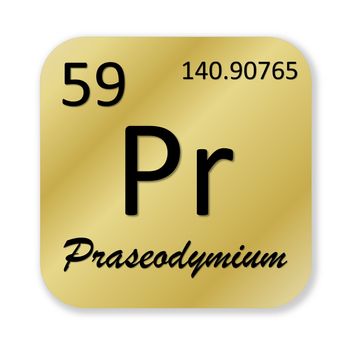 Black praseodimium element into golden square shape isolated in white background