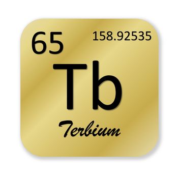 Black terbium element into golden square shape isolated in white background