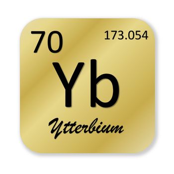 Black ytterbium element into golden square shape isolated in white background