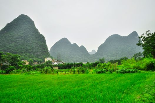 Beautiful Li river side Karst mountain landscape in Yangshuo Guilin, China