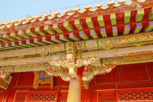 Ornately painted beams in the Forbidden City Shenyang Beijing China