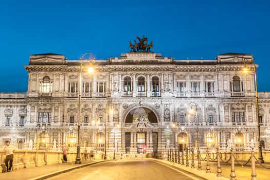 Rome, Italy. Palace of Justice (Palazzo di Giustizia), Supreme Court of Cassation and the Judicial Public Library - courthouse building shot at dusk.