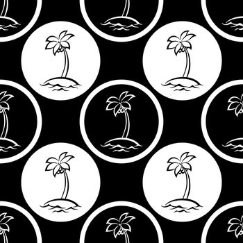 Seamless pattern, symbolical islands with palm trees in circles, black and white silhouettes.