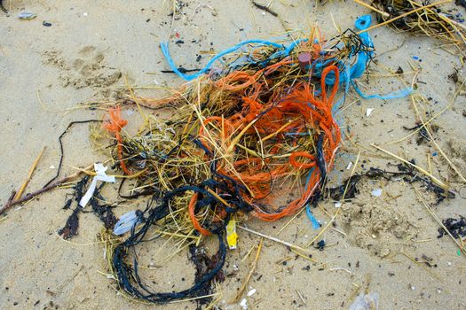 Pollution at the beach nets and cords