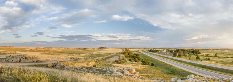 panoramic view (looking south) of northern Colorado prairie and I-25 freeway at Natural Fort