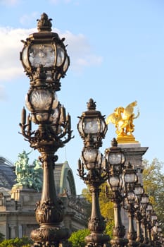 Alexander III bridge in Paris, close-up view of lanterns
