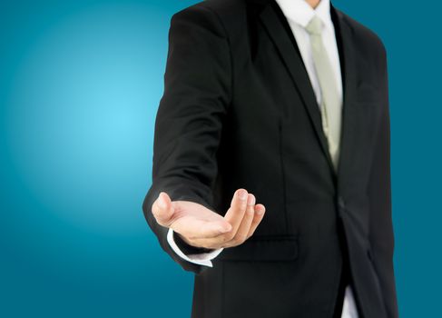 Businessman standing posture show hand isolated on over blue background