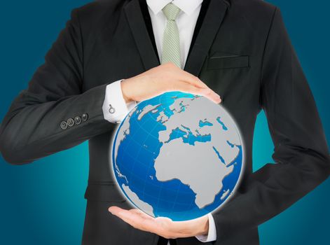 Businessman standing posture hand holding Earth icon isolated on over blue background