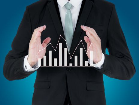 Businessman standing posture hand holding graph finance isolated on over gray background